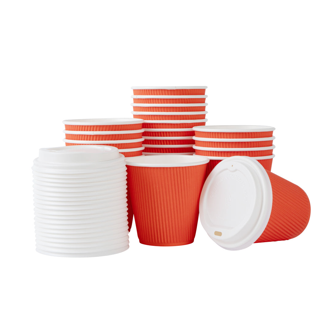 Restpresso 8 oz Tangerine Orange Paper Ripple Wall Coffee Cup - with White Lid - 3 1/2" x 3 1/2" x 4" - 400 count box