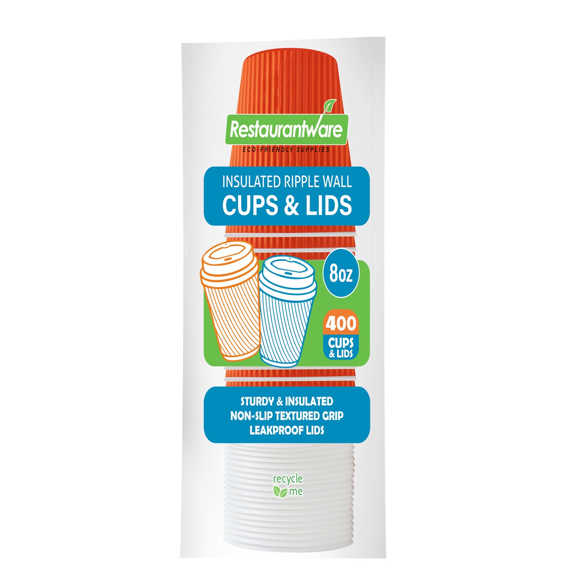 Restpresso 8 oz Tangerine Orange Paper Ripple Wall Coffee Cup - with White Lid - 3 1/2" x 3 1/2" x 4" - 400 count box