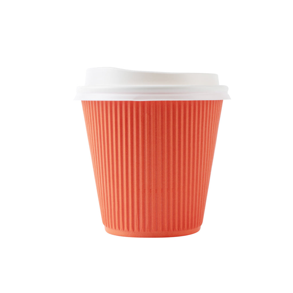 Restpresso 8 oz Tangerine Orange Paper Ripple Wall Coffee Cup - with White Lid - 3 1/2" x 3 1/2" x 4" - 20 count box