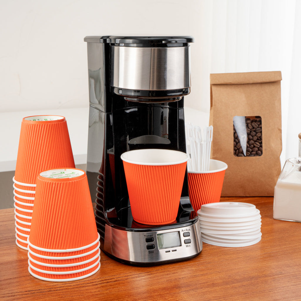 Restpresso 8 oz Tangerine Orange Paper Ripple Wall Coffee Cup - with White Lid - 3 1/2" x 3 1/2" x 4" - 400 count box