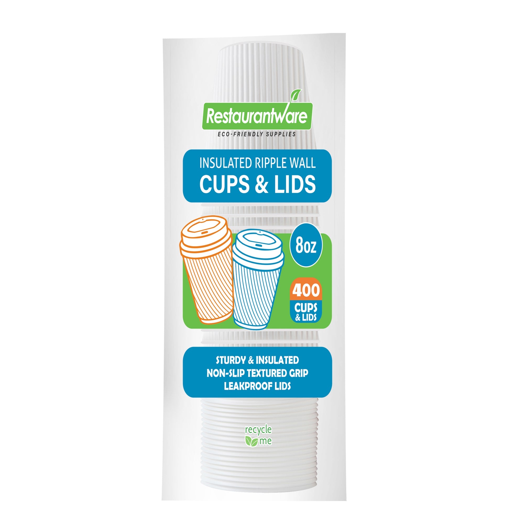 Restpresso 8 oz White Paper Ripple Wall Coffee Cup - with White Lid - 3 1/2" x 3 1/2" x 4" - 400 count box