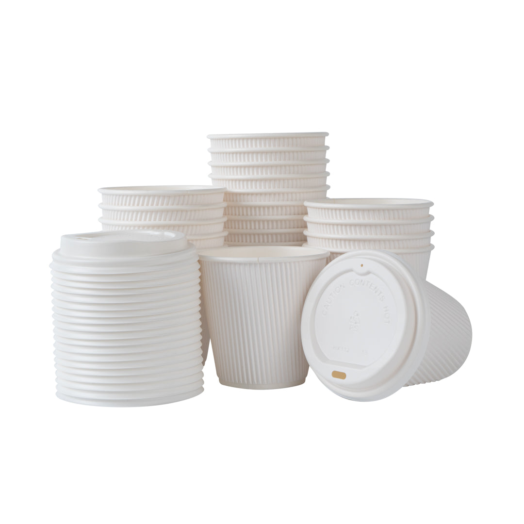 Restpresso 8 oz White Paper Ripple Wall Coffee Cup - with White Lid - 3 1/2" x 3 1/2" x 4" - 20 count box