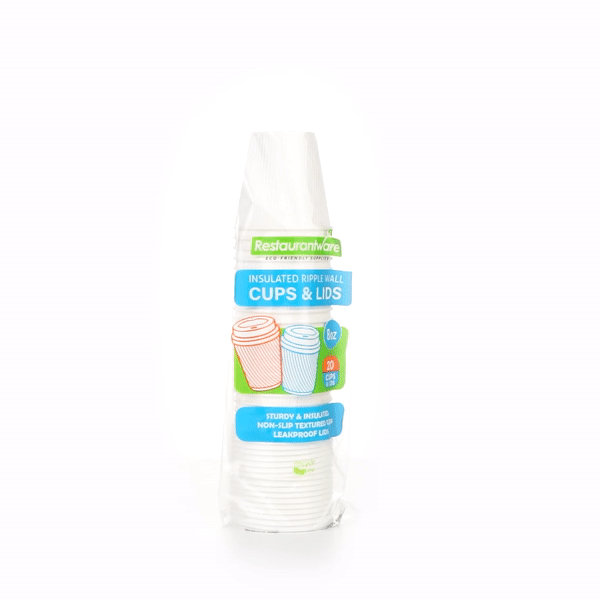 Restpresso 8 oz White Paper Ripple Wall Coffee Cup - with White Lid - 3 1/2" x 3 1/2" x 4" - 20 count box
