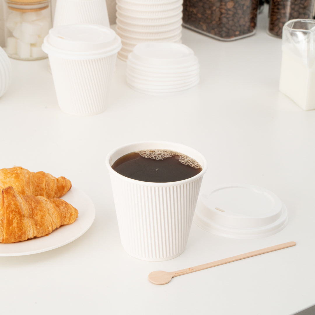 Restpresso 8 oz White Paper Ripple Wall Coffee Cup - with White Lid - 3 1/2" x 3 1/2" x 4" - 20 count box