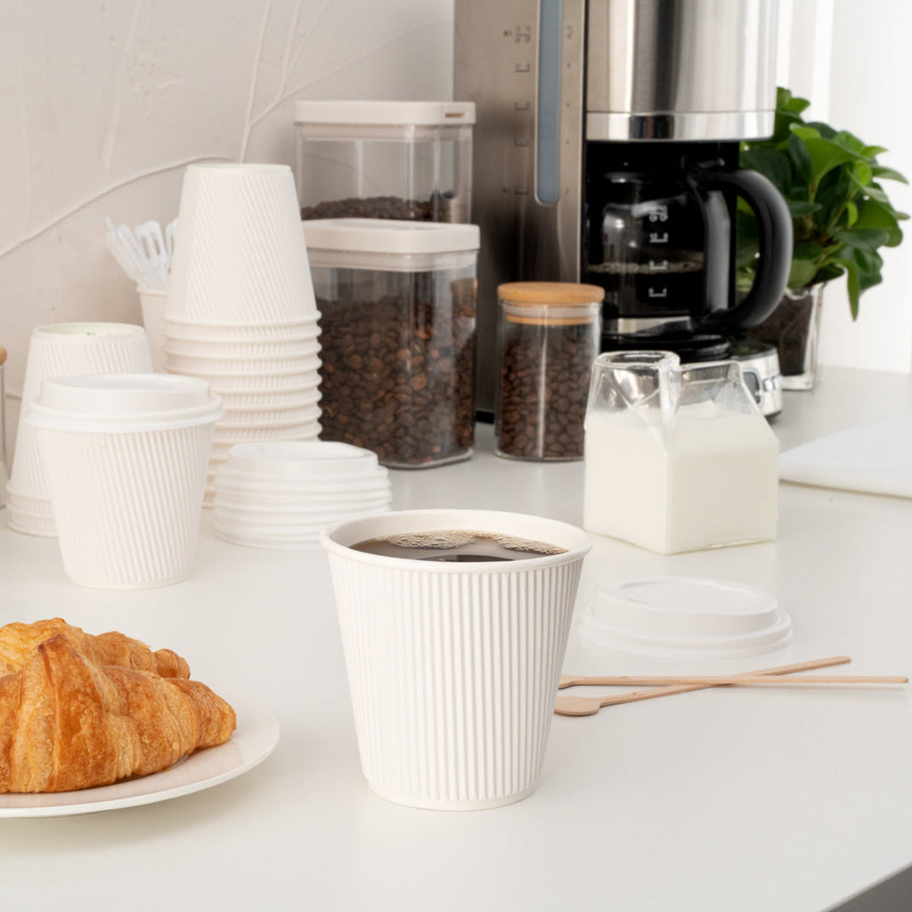 Restpresso 8 oz White Paper Ripple Wall Coffee Cup - with White Lid - 3 1/2" x 3 1/2" x 4" - 400 count box