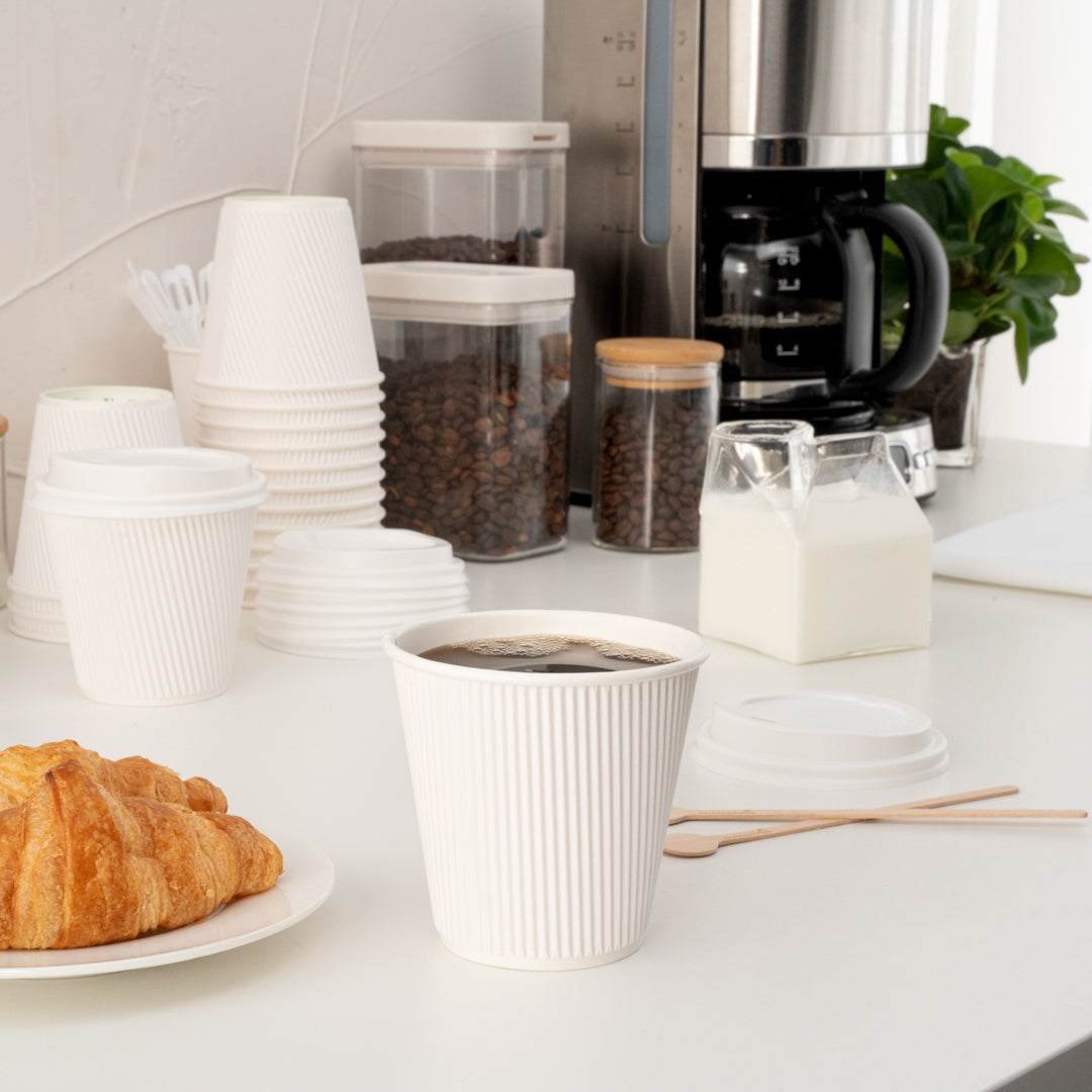 Restpresso 8 oz White Paper Ripple Wall Coffee Cup - with White Lid - 3 1/2" x 3 1/2" x 4" - 400 count box