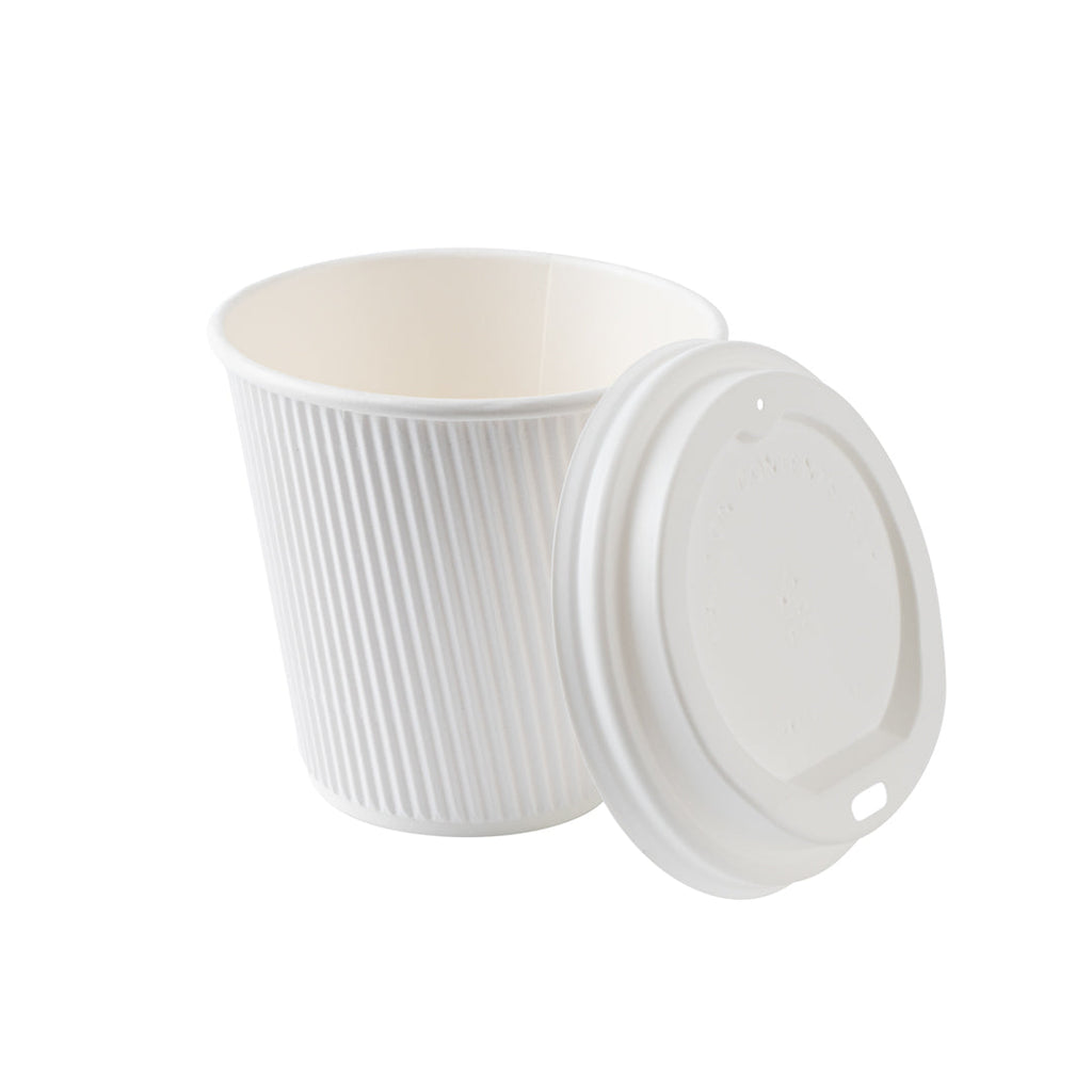Restpresso 8 oz White Paper Ripple Wall Coffee Cup - with White Lid - 3 1/2" x 3 1/2" x 4" - 400 count box