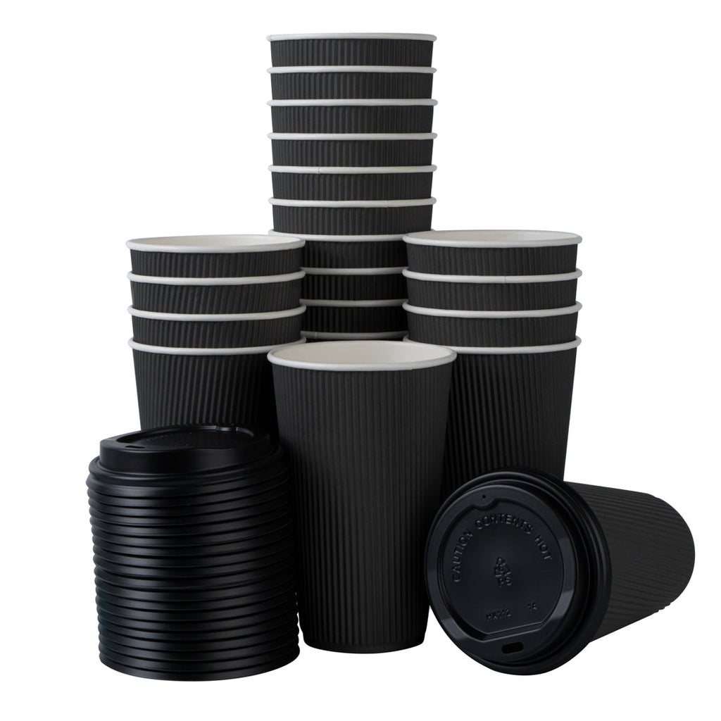 Restpresso 16 oz Black Paper Ripple Wall Coffee Cup - with Black Lid - 3 1/2" x 3 1/2" x 6 1/4" - 20 count box
