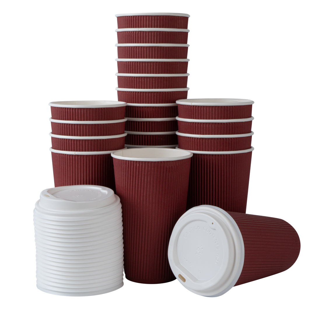 Restpresso 16 oz Crimson Paper Ripple Wall Coffee Cup - with White Lid - 3 1/2" x 3 1/2" x 6 1/4" - 200 count box