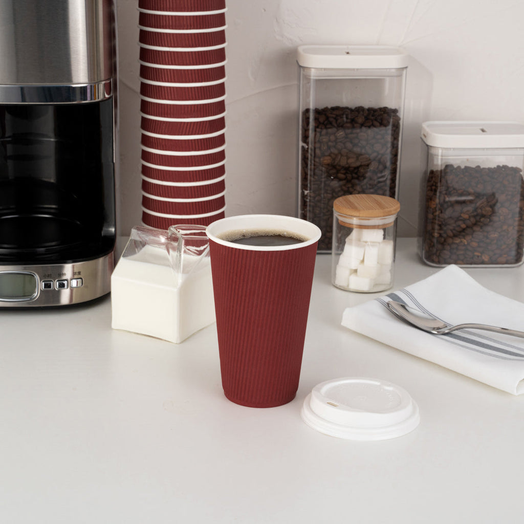 Restpresso 16 oz Crimson Paper Ripple Wall Coffee Cup - with White Lid - 3 1/2" x 3 1/2" x 6 1/4" - 20 count box