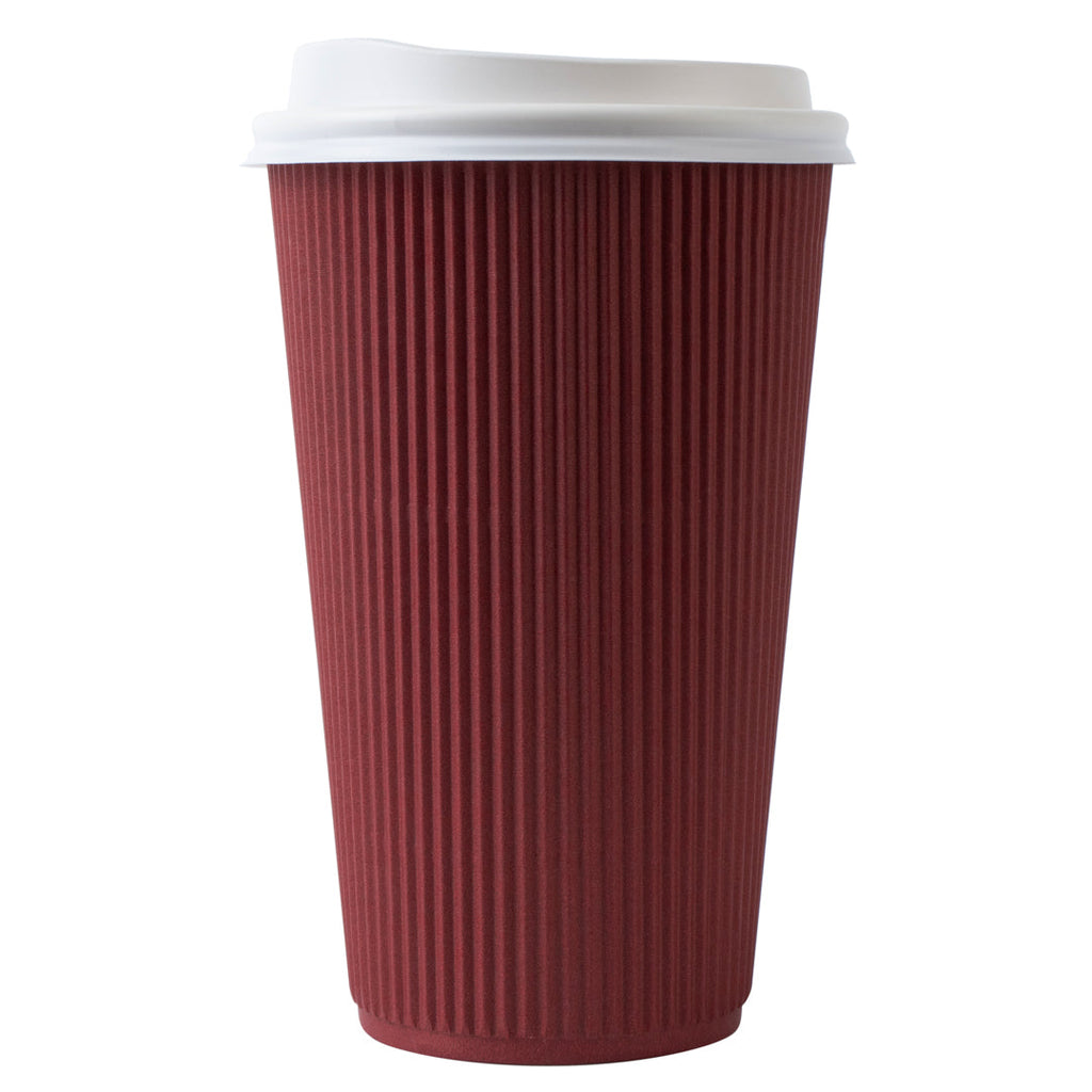 Restpresso 16 oz Crimson Paper Ripple Wall Coffee Cup - with White Lid - 3 1/2" x 3 1/2" x 6 1/4" - 20 count box