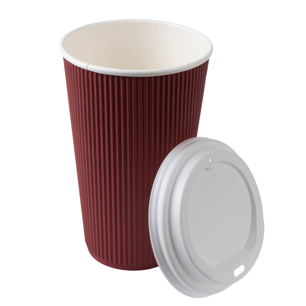 Restpresso 16 oz Crimson Paper Ripple Wall Coffee Cup - with White Lid - 3 1/2" x 3 1/2" x 6 1/4" - 20 count box