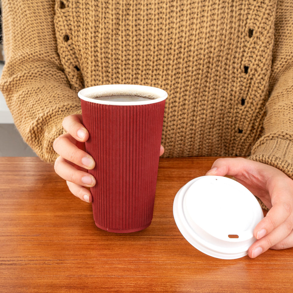 Restpresso 16 oz Crimson Paper Ripple Wall Coffee Cup - with White Lid - 3 1/2" x 3 1/2" x 6 1/4" - 20 count box