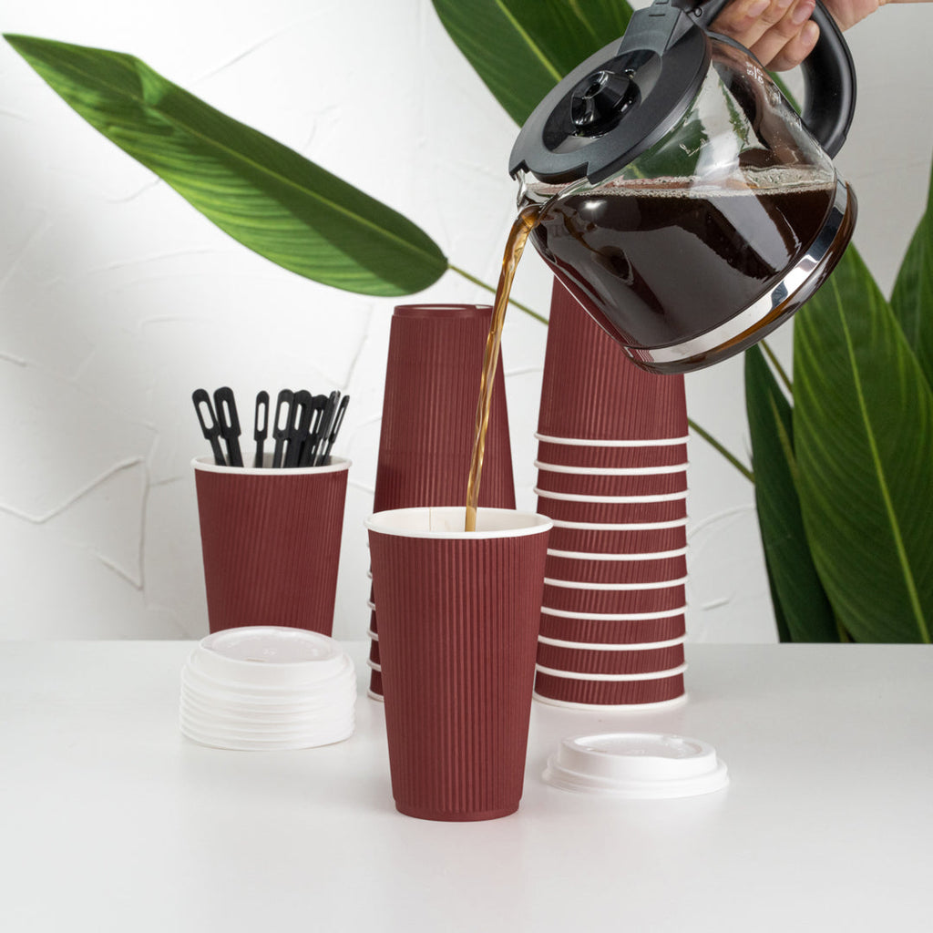 Restpresso 16 oz Crimson Paper Ripple Wall Coffee Cup - with White Lid - 3 1/2" x 3 1/2" x 6 1/4" - 20 count box