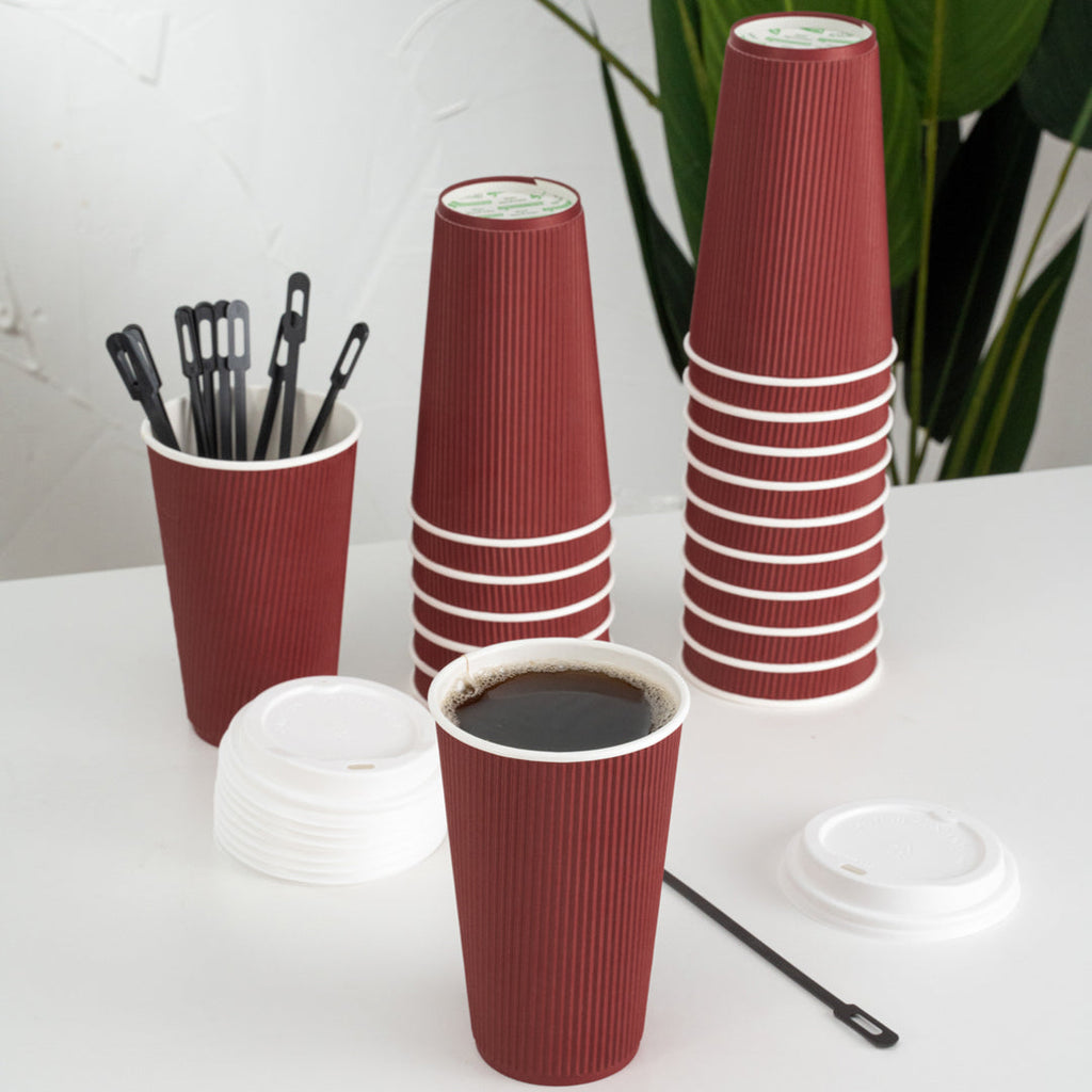 Restpresso 16 oz Crimson Paper Ripple Wall Coffee Cup - with White Lid - 3 1/2" x 3 1/2" x 6 1/4" - 200 count box