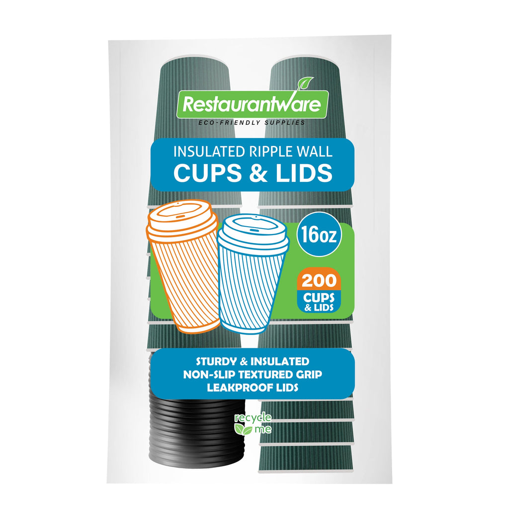 Restpresso 16 oz Forest Green Paper Ripple Wall Coffee Cup - with Black Lid - 3 1/2" x 3 1/2" x 6 1/4" - 200 count box