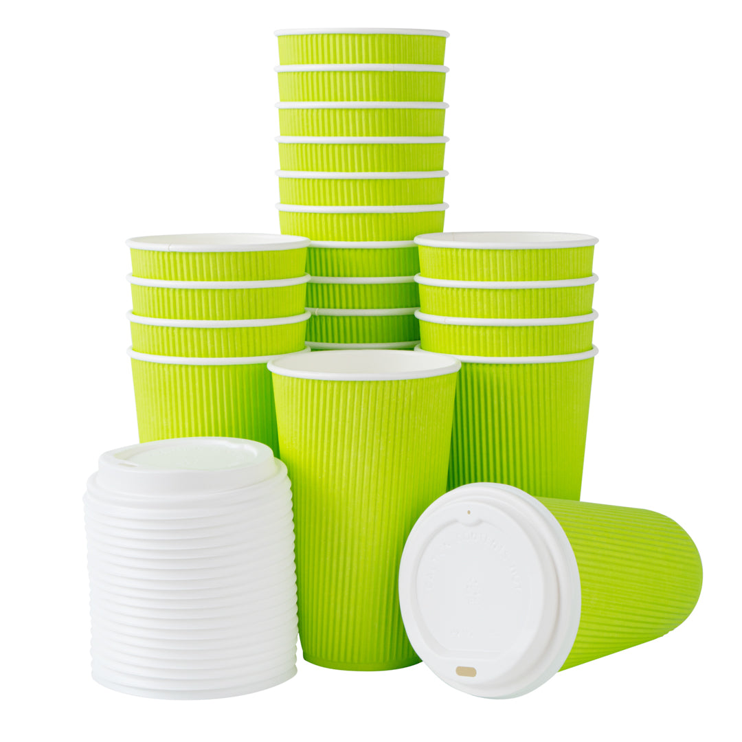 Restpresso 16 oz Eco Green Paper Ripple Wall Coffee Cup - with White Lid - 3 1/2" x 3 1/2" x 6 1/4" - 200 count box
