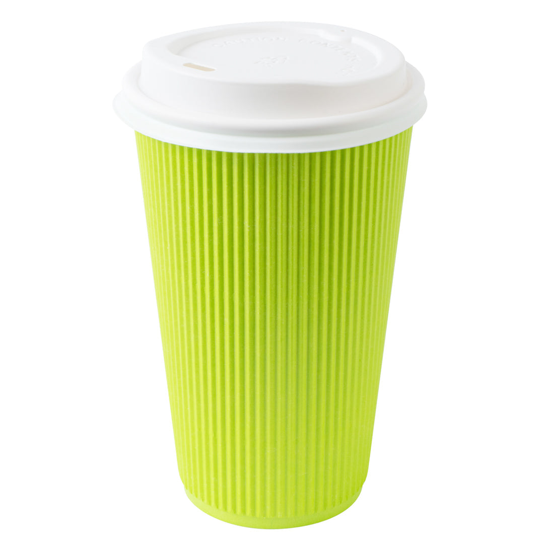 Restpresso 16 oz Eco Green Paper Ripple Wall Coffee Cup - with White Lid - 3 1/2" x 3 1/2" x 6 1/4" - 20 count box