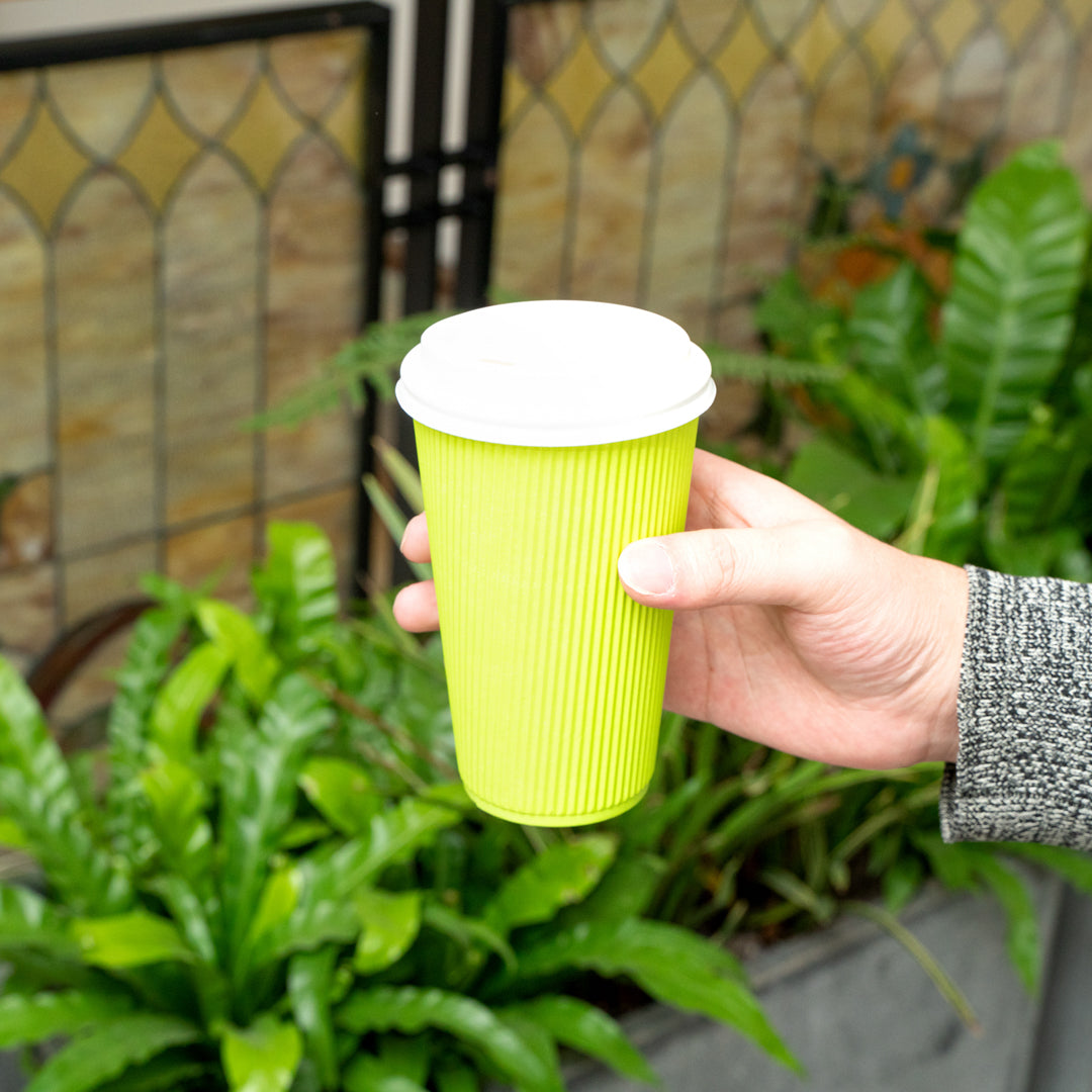Restpresso 16 oz Eco Green Paper Ripple Wall Coffee Cup - with White Lid - 3 1/2" x 3 1/2" x 6 1/4" - 200 count box