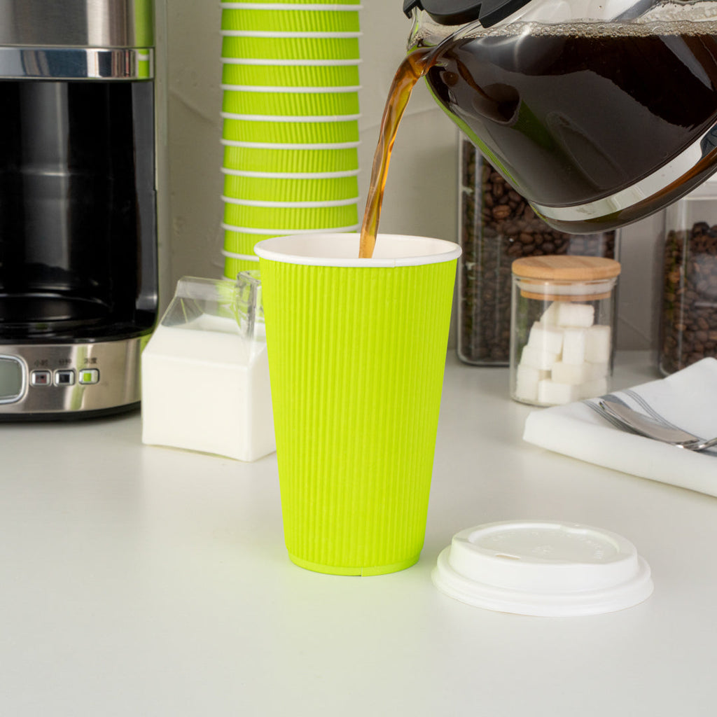 Restpresso 16 oz Eco Green Paper Ripple Wall Coffee Cup - with White Lid - 3 1/2" x 3 1/2" x 6 1/4" - 200 count box