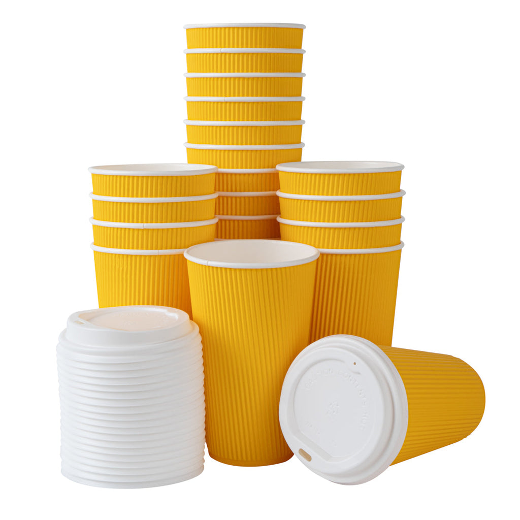 Restpresso 16 oz Yellow Paper Ripple Wall Coffee Cup - with White Lid - 3 1/2" x 3 1/2" x 6 1/4" - 20 count box