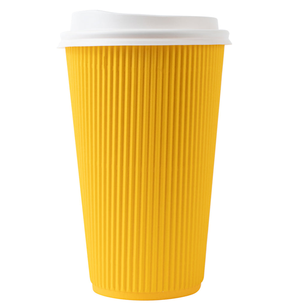 Restpresso 16 oz Yellow Paper Ripple Wall Coffee Cup - with White Lid - 3 1/2" x 3 1/2" x 6 1/4" - 20 count box