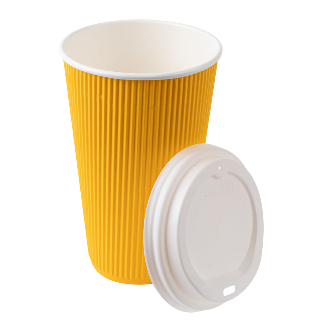 Restpresso 16 oz Yellow Paper Ripple Wall Coffee Cup - with White Lid - 3 1/2" x 3 1/2" x 6 1/4" - 20 count box