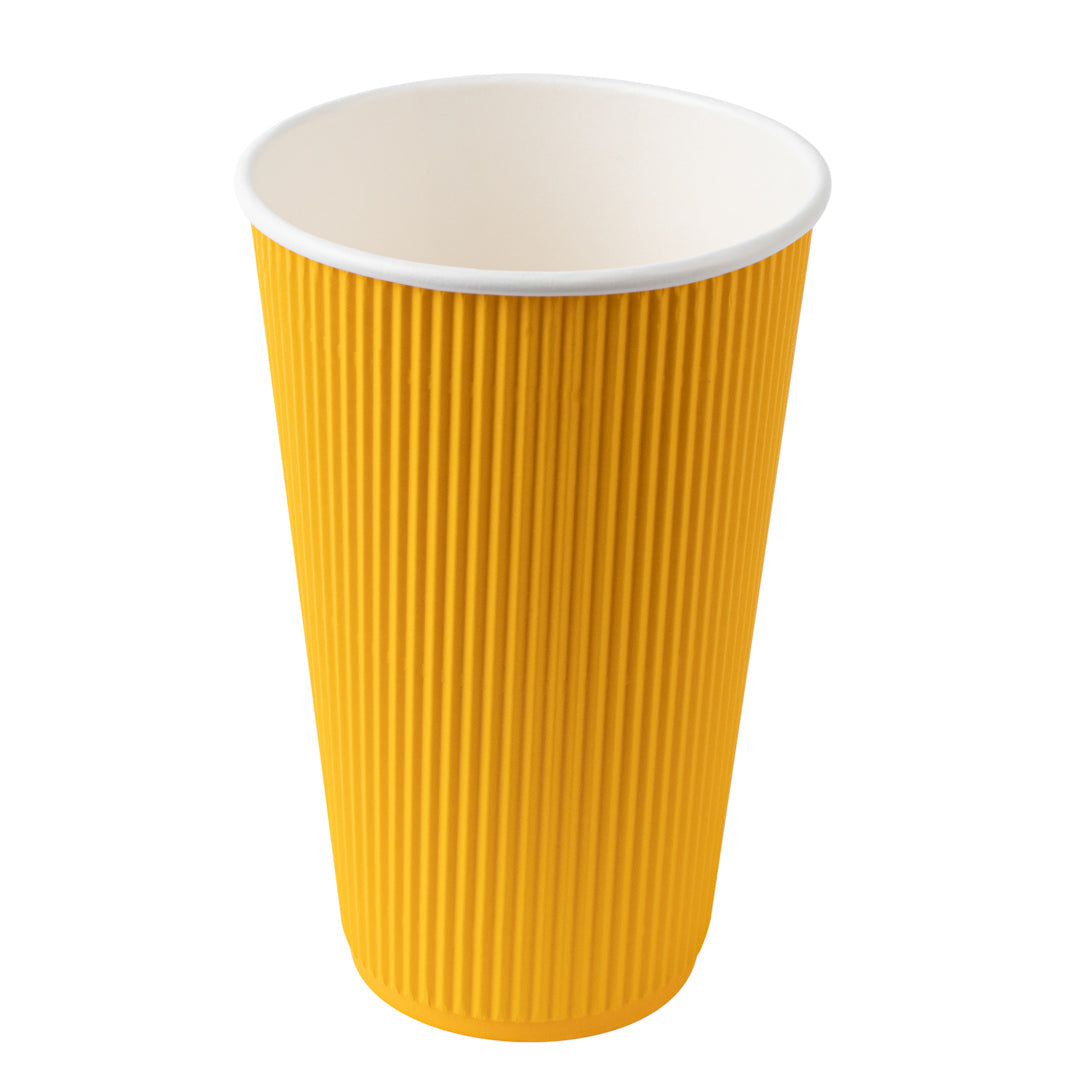 Restpresso 16 oz Yellow Paper Ripple Wall Coffee Cup - with White Lid - 3 1/2" x 3 1/2" x 6 1/4" - 200 count box