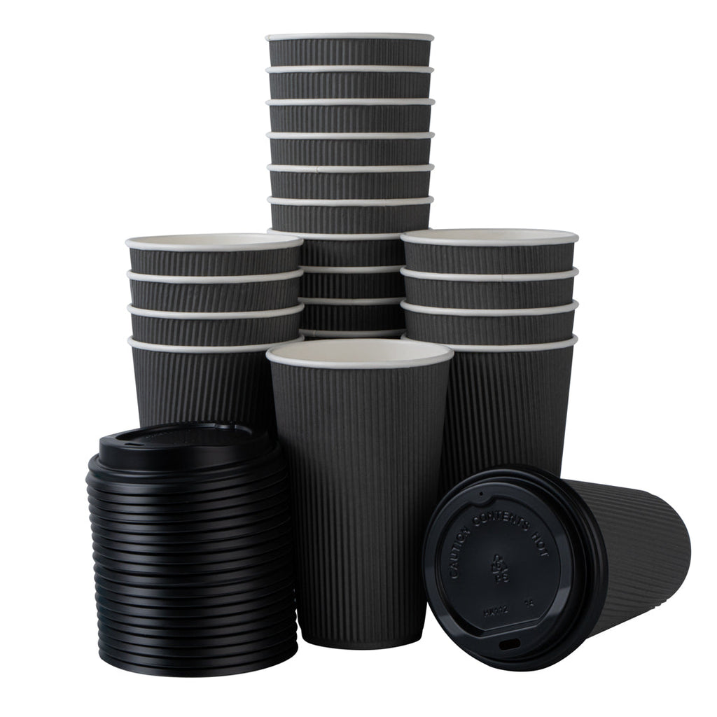 Restpresso 16 oz Gray Paper Ripple Wall Coffee Cup - with Black Lid - 3 1/2" x 3 1/2" x 6 1/4" - 200 count box