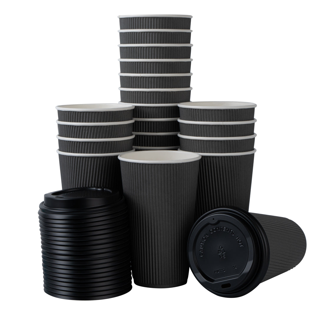 Restpresso 16 oz Gray Paper Ripple Wall Coffee Cup - with Black Lid - 3 1/2" x 3 1/2" x 6 1/4" - 200 count box