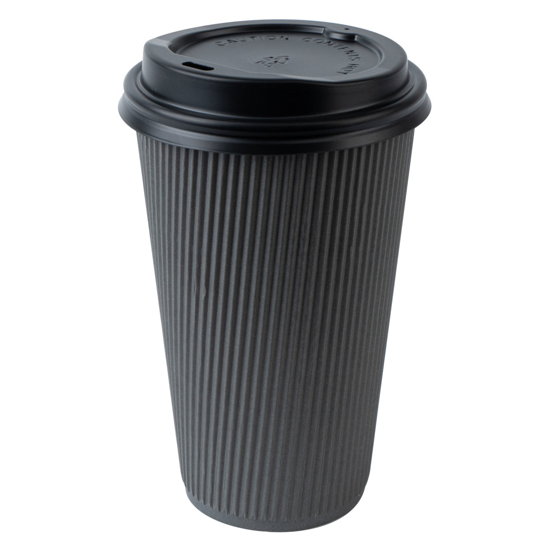 Restpresso 16 oz Gray Paper Ripple Wall Coffee Cup - with Black Lid - 3 1/2" x 3 1/2" x 6 1/4" - 20 count box