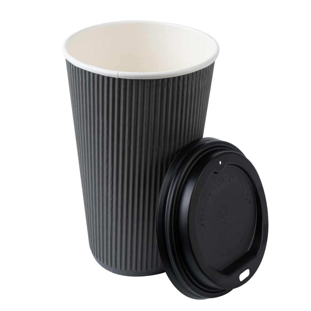 Restpresso 16 oz Gray Paper Ripple Wall Coffee Cup - with Black Lid - 3 1/2" x 3 1/2" x 6 1/4" - 20 count box