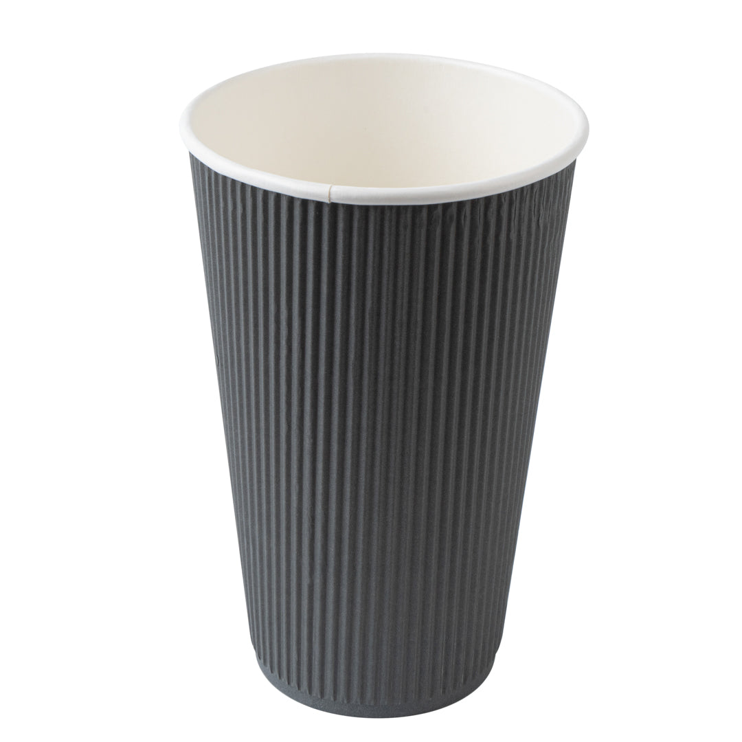 Restpresso 16 oz Gray Paper Ripple Wall Coffee Cup - with Black Lid - 3 1/2" x 3 1/2" x 6 1/4" - 20 count box