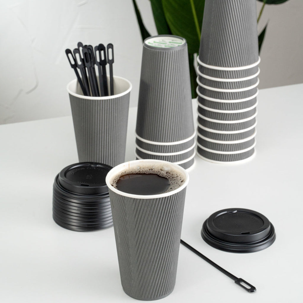 Restpresso 16 oz Gray Paper Ripple Wall Coffee Cup - with Black Lid - 3 1/2" x 3 1/2" x 6 1/4" - 20 count box