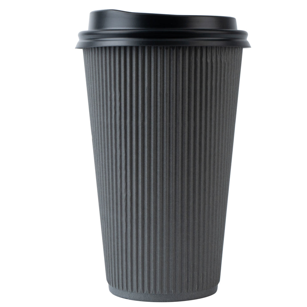 Restpresso 16 oz Gray Paper Ripple Wall Coffee Cup - with Black Lid - 3 1/2" x 3 1/2" x 6 1/4" - 200 count box