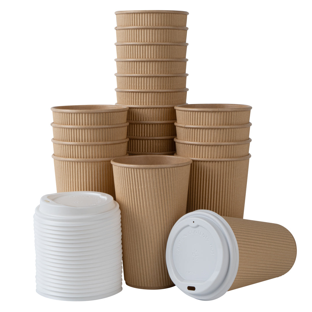 Restpresso 16 oz Kraft Paper Ripple Wall Coffee Cup - with White Lid - 3 1/2" x 3 1/2" x 6 1/4" - 200 count box
