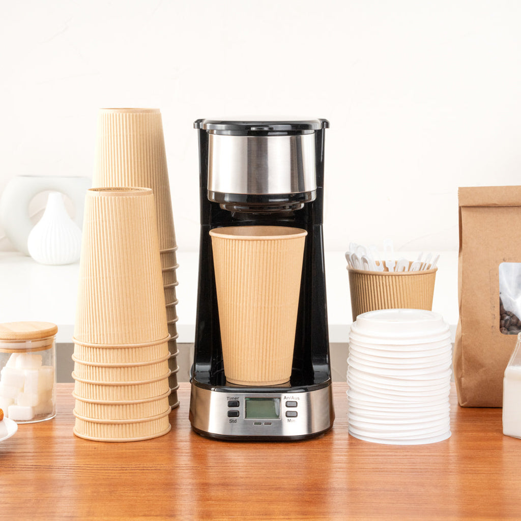 Restpresso 16 oz Kraft Paper Ripple Wall Coffee Cup - with White Lid - 3 1/2" x 3 1/2" x 6 1/4" - 200 count box