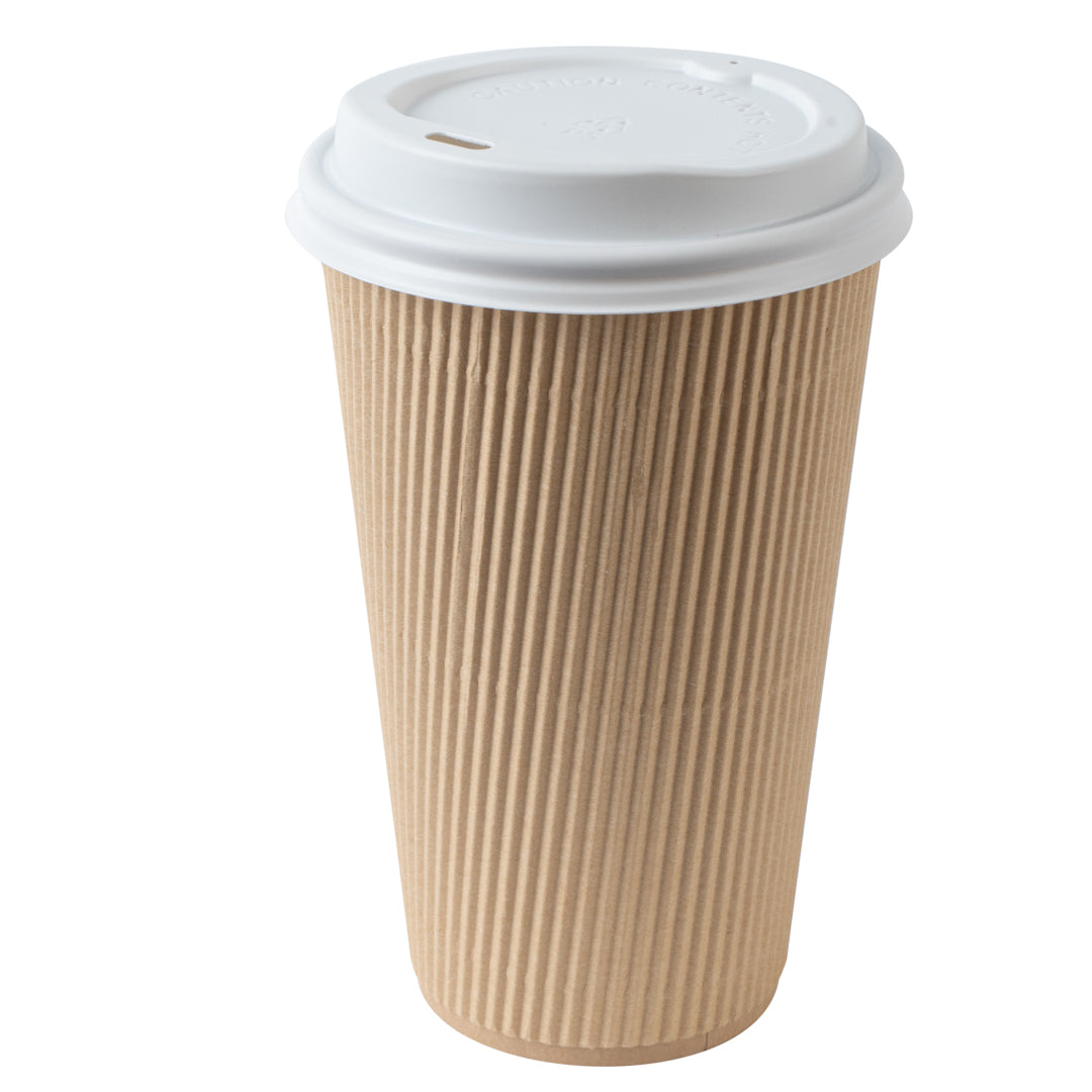 Restpresso 16 oz Kraft Paper Ripple Wall Coffee Cup - with White Lid - 3 1/2" x 3 1/2" x 6 1/4" - 200 count box
