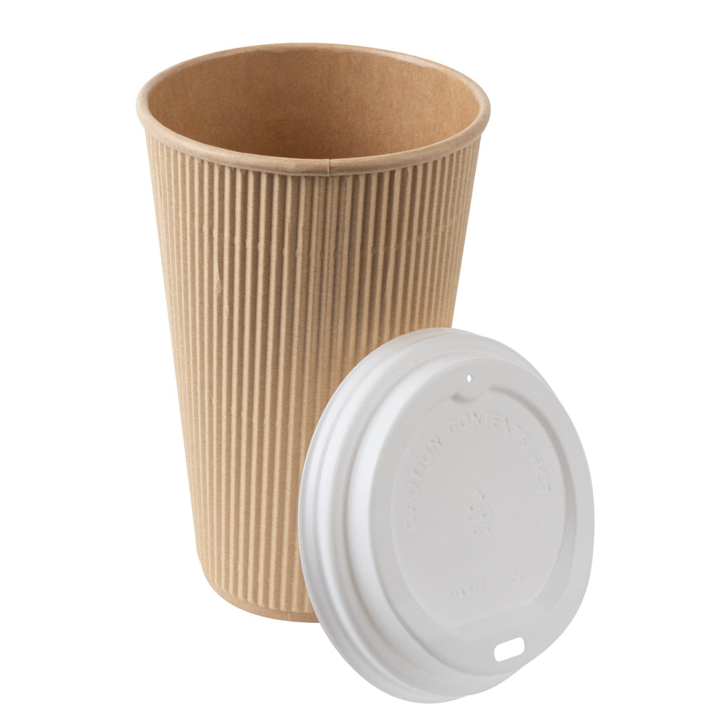 Restpresso 16 oz Kraft Paper Ripple Wall Coffee Cup - with White Lid - 3 1/2" x 3 1/2" x 6 1/4" - 200 count box