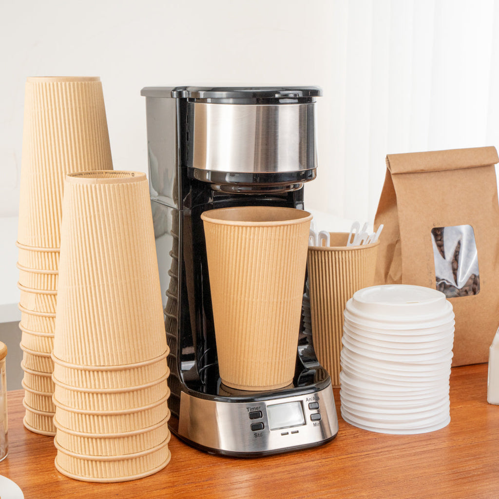 Restpresso 16 oz Kraft Paper Ripple Wall Coffee Cup - with White Lid - 3 1/2" x 3 1/2" x 6 1/4" - 200 count box