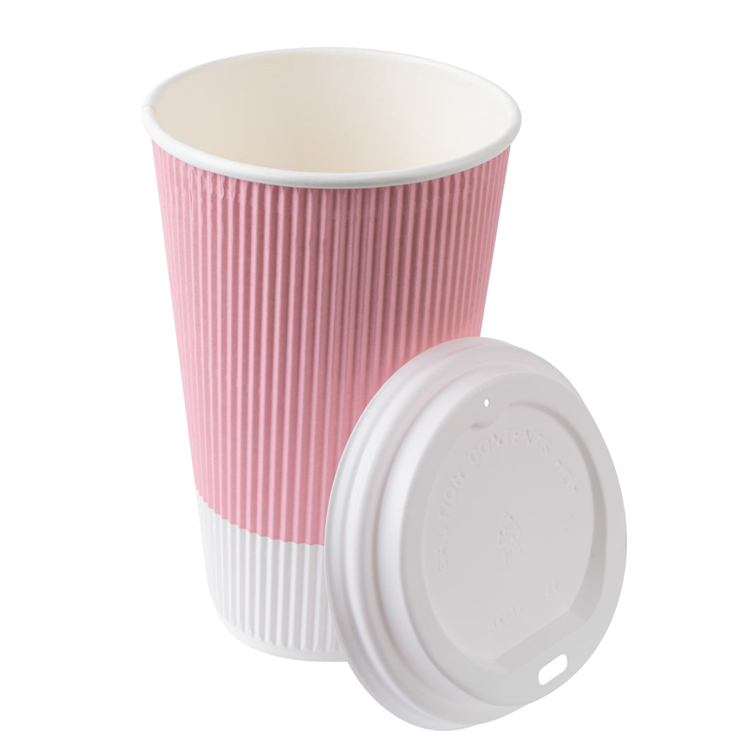 Restpresso 16 oz Light Pink Paper Ripple Wall Coffee Cup - with White Lid - 3 1/2" x 3 1/2" x 6 1/4" - 20 count box