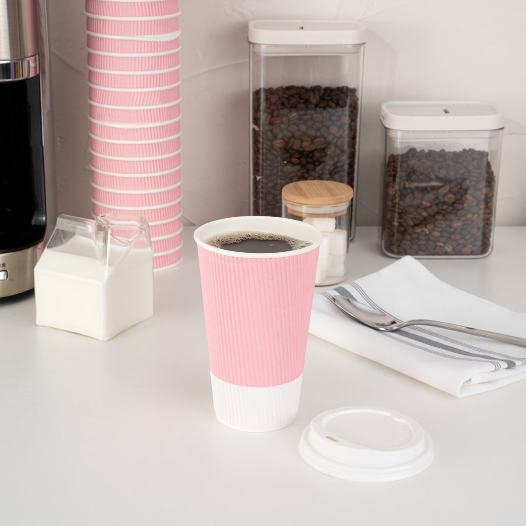 Restpresso 16 oz Light Pink Paper Ripple Wall Coffee Cup - with White Lid - 3 1/2" x 3 1/2" x 6 1/4" - 200 count box