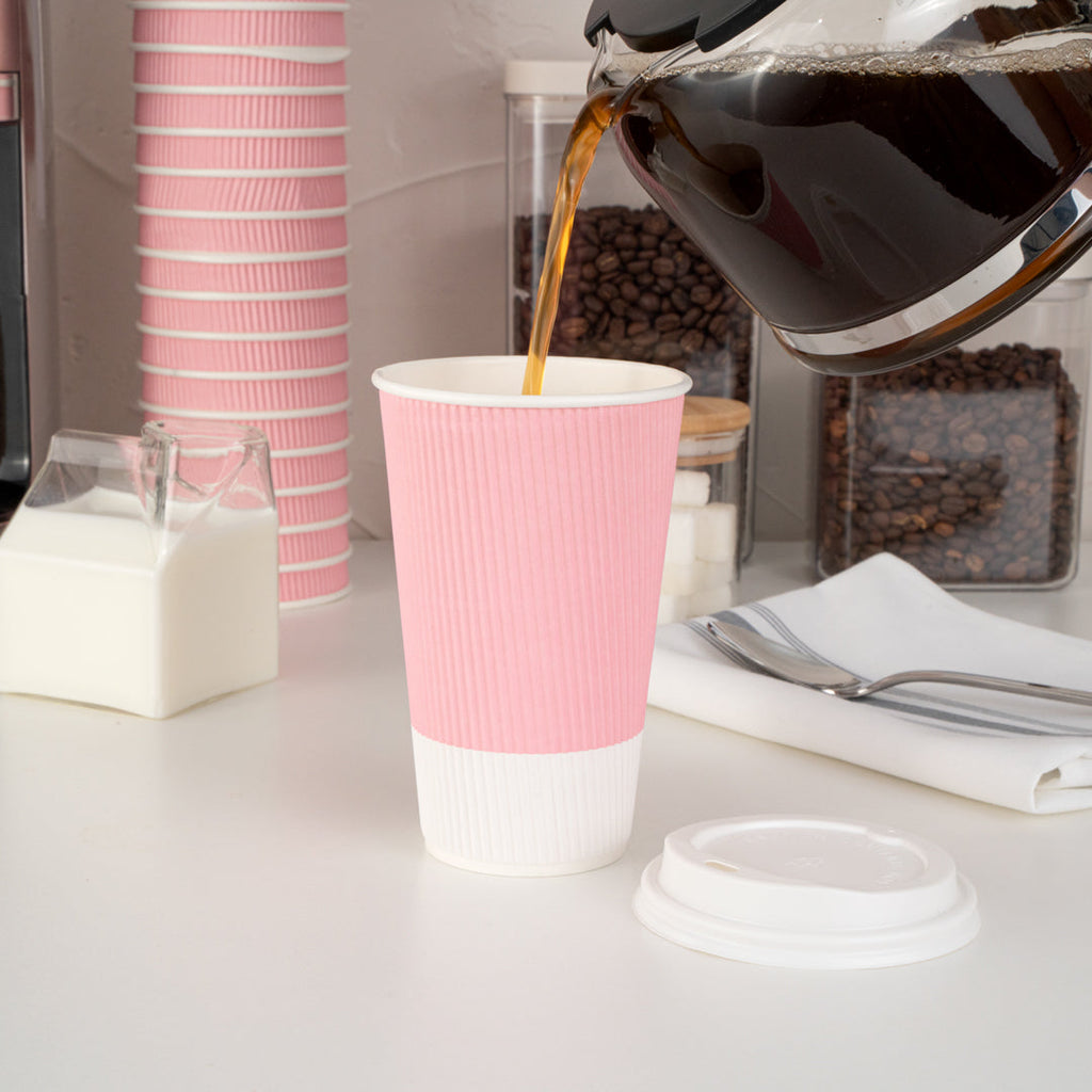 Restpresso 16 oz Light Pink Paper Ripple Wall Coffee Cup - with White Lid - 3 1/2" x 3 1/2" x 6 1/4" - 200 count box