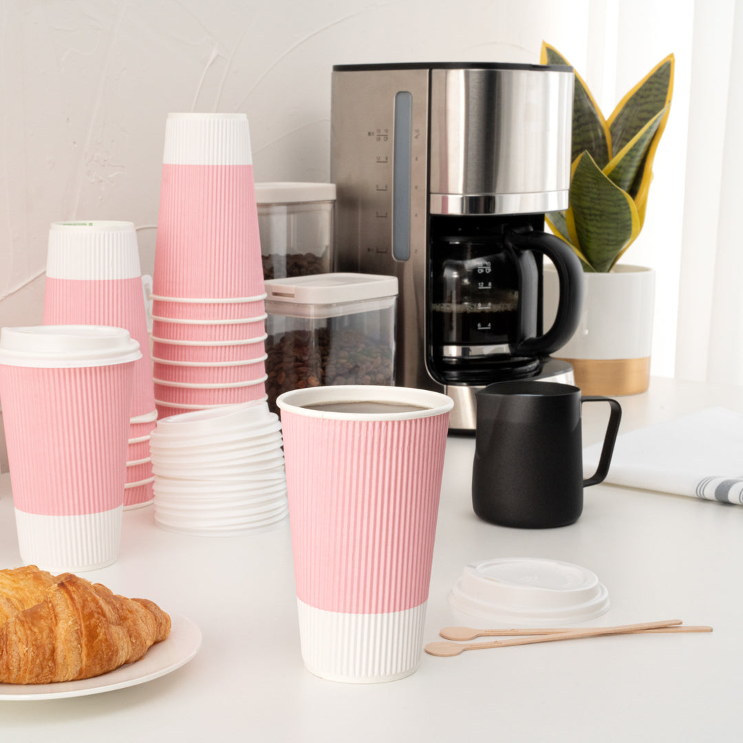 Restpresso 16 oz Light Pink Paper Ripple Wall Coffee Cup - with White Lid - 3 1/2" x 3 1/2" x 6 1/4" - 200 count box
