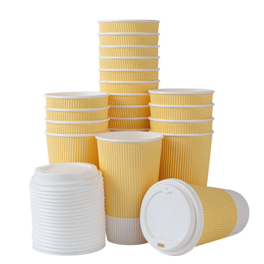 Restpresso 16 oz Light Yellow Paper Ripple Wall Coffee Cup - with White Lid - 3 1/2" x 3 1/2" x 6 1/4" - 20 count box