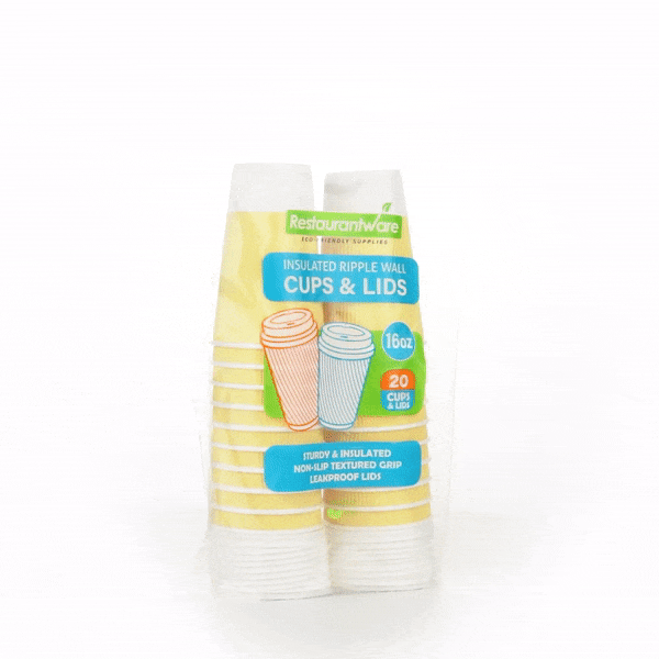 Restpresso 16 oz Light Yellow Paper Ripple Wall Coffee Cup - with White Lid - 3 1/2" x 3 1/2" x 6 1/4" - 20 count box