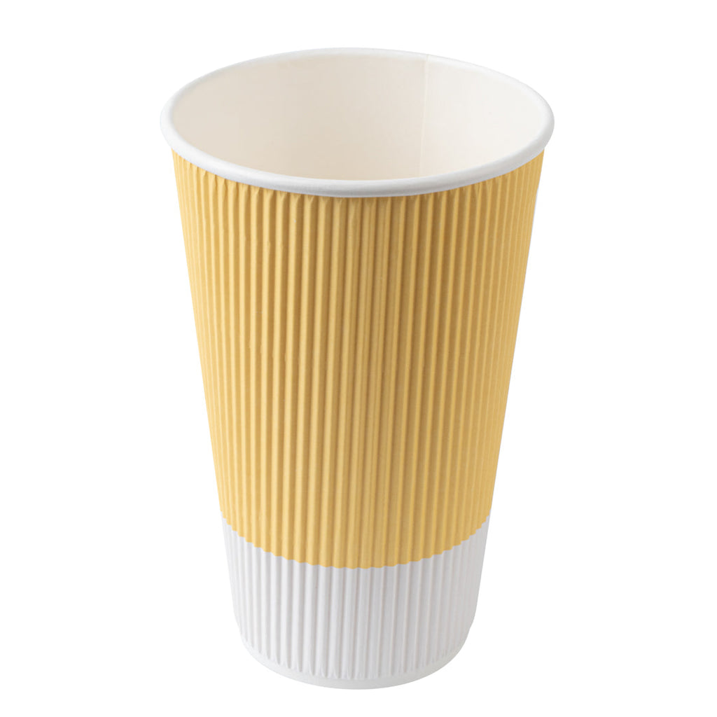 Restpresso 16 oz Light Yellow Paper Ripple Wall Coffee Cup - with White Lid - 3 1/2" x 3 1/2" x 6 1/4" - 200 count box