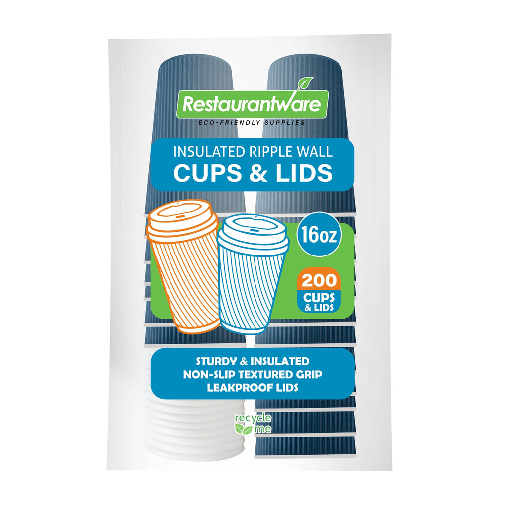 Restpresso 16 oz Midnight Blue Paper Ripple Wall Coffee Cup - with White Lid - 3 1/2" x 3 1/2" x 6 1/4" - 200 count box