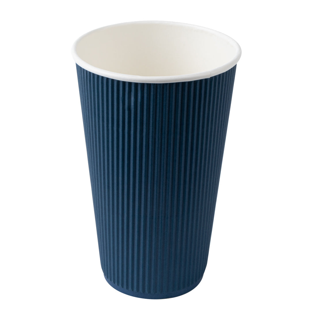 Restpresso 16 oz Midnight Blue Paper Ripple Wall Coffee Cup - with White Lid - 3 1/2" x 3 1/2" x 6 1/4" - 20 count box