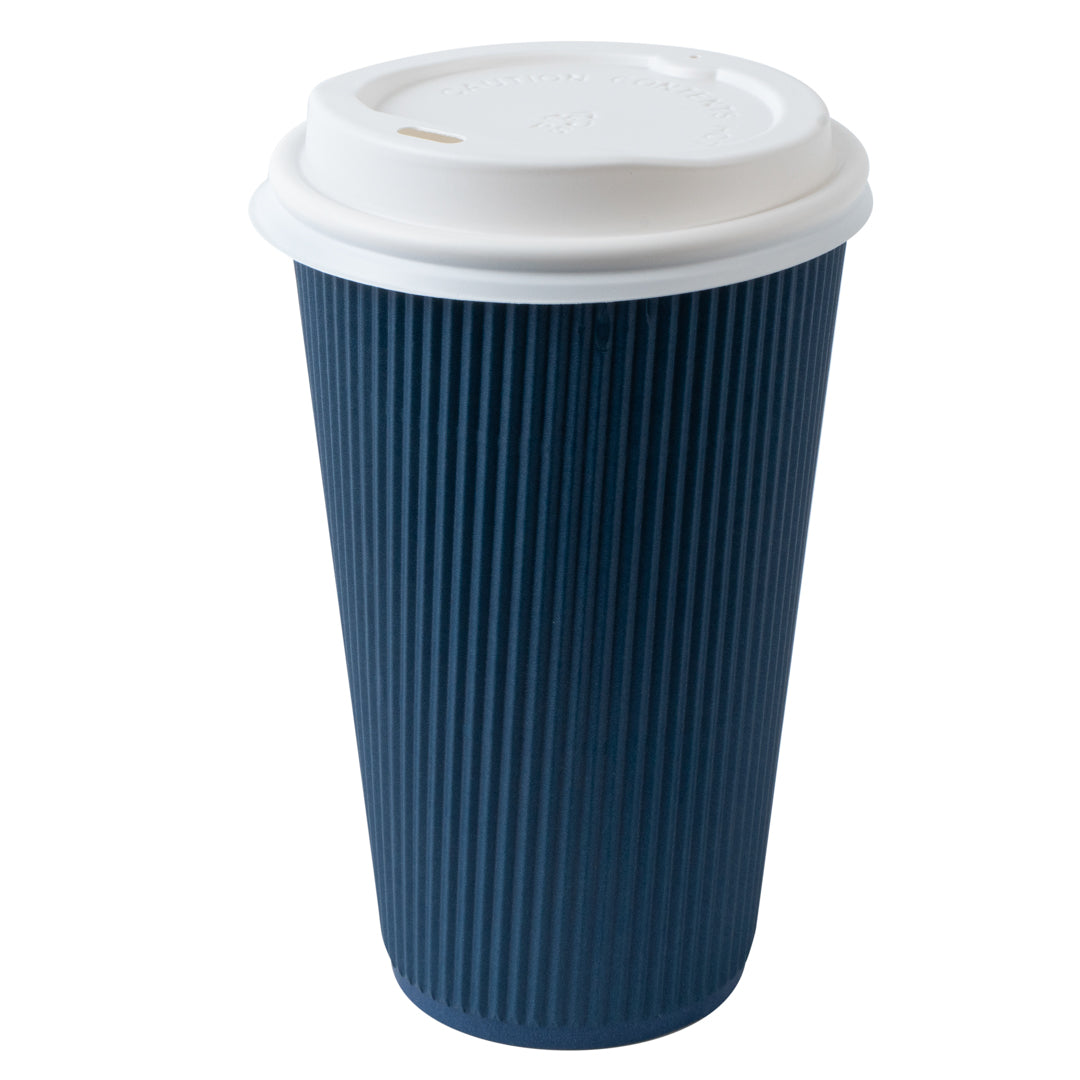 Restpresso 16 oz Midnight Blue Paper Ripple Wall Coffee Cup - with White Lid - 3 1/2" x 3 1/2" x 6 1/4" - 200 count box